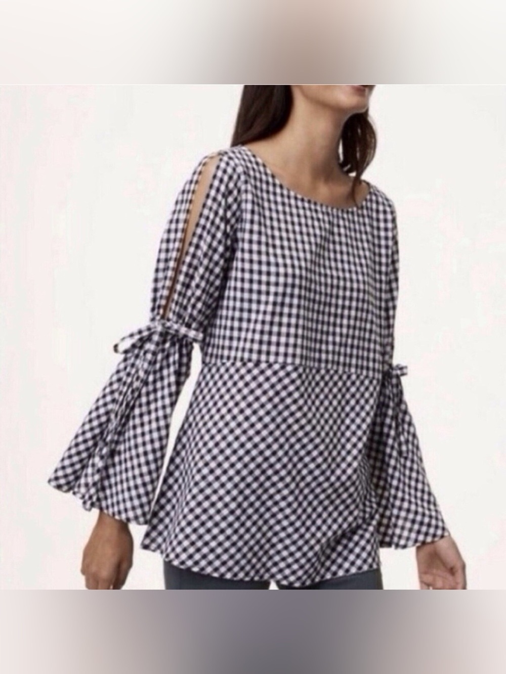 LOFT Black and White Gingham Split Bell Tie-Sleeve Blouse